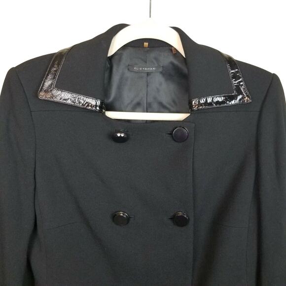 Elie Tahari Womens Virgin Wool Blazer Leather Trim Size 6 Classic Dark Academia - Picture 2 of 9